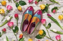 colouful mens bespoke shoes surrounded by tulips, Barker shoes,  Shoes in Earls Barton Northampton