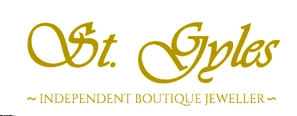 logo for St Gyles, Jewellers in Northampton . gold text on white background