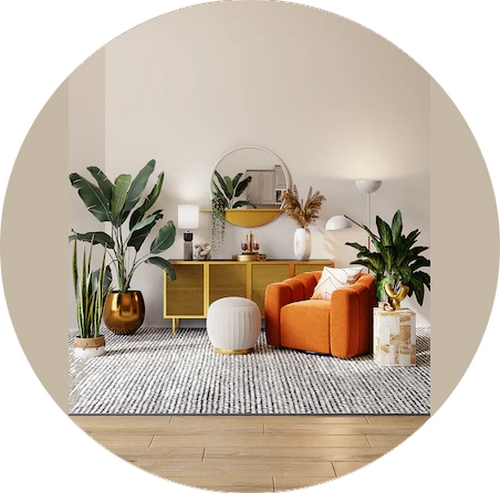 a living room with light coloured rug and an orage armchair.
