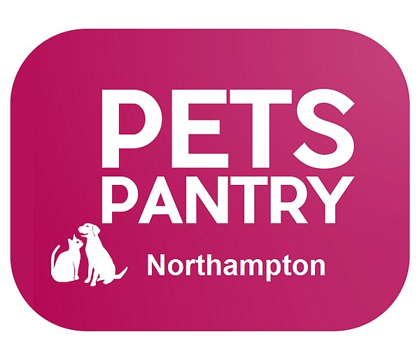 logo, white writing on a pink background, for Pets pantry Northampton