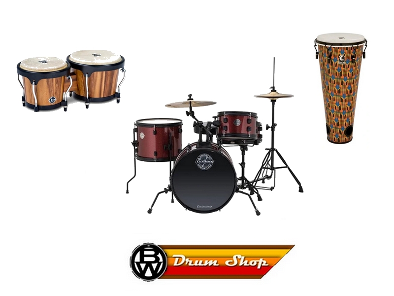 a pair og bongo drums, a drum kit, and a tall drum