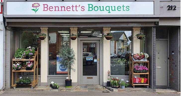 shopfront of a florist shop,Bennetts Bouquets,  florist, Kettering Road