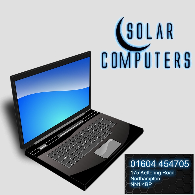 a laptop advertising Solar computers,  Kettering road, Northampton 