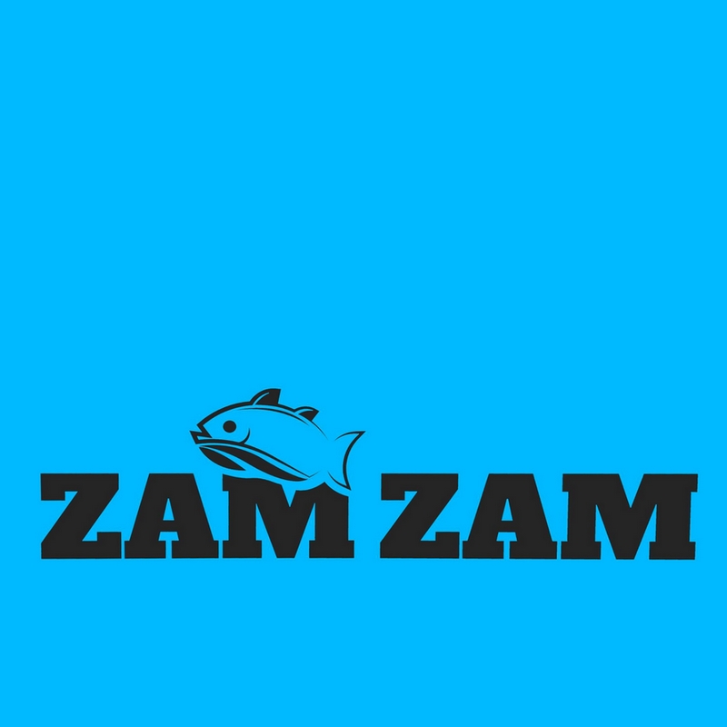 logo with a cartoon fish on it for Zam zam fish shop , Kettering road, Northampton