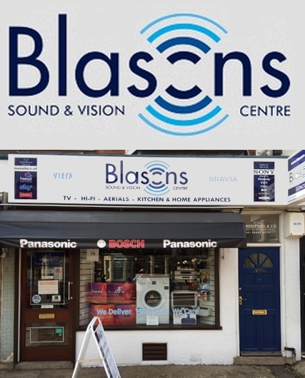 a shopfront with a logo above saying Blasons sound and vision