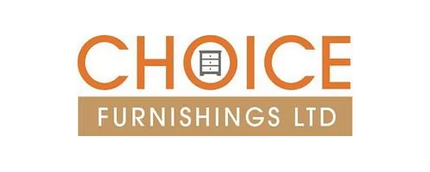 a logo, orange writing on a white background saying Choice furnishings ltd