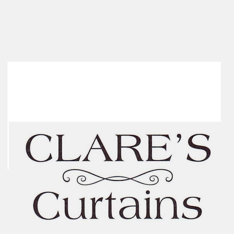 a logo, black writing on a white background saying Clares Curtains