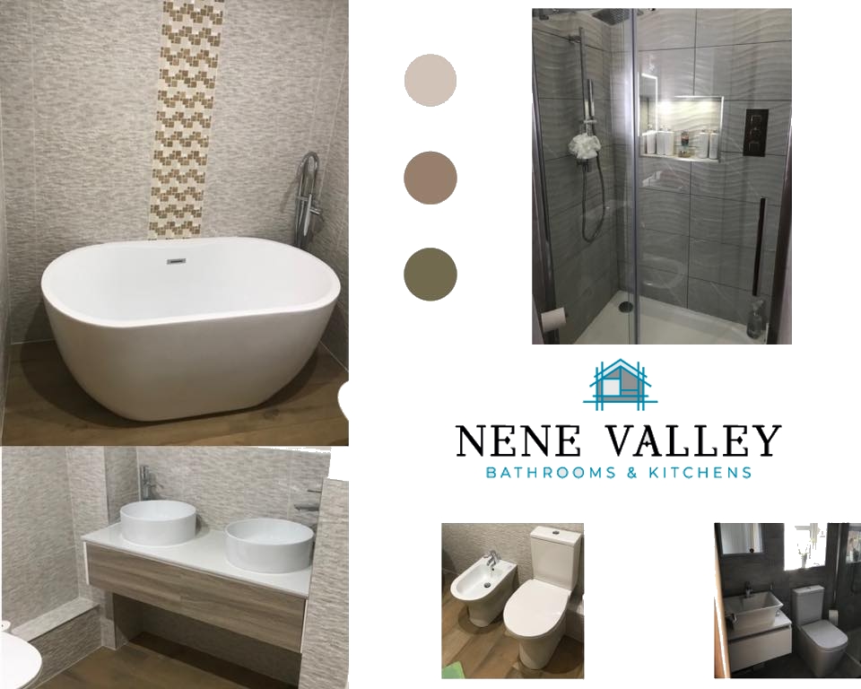 a collage of bathroom photos showing a bath, twin basins, toilet and bidet, and a logo for Nene Valley bathrooms and Kitchens