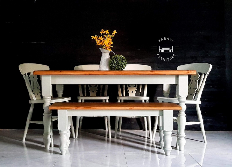 a white painted pine table and chairs with a natural top with a similar coffee table.  Furniture in Northamptonshire.