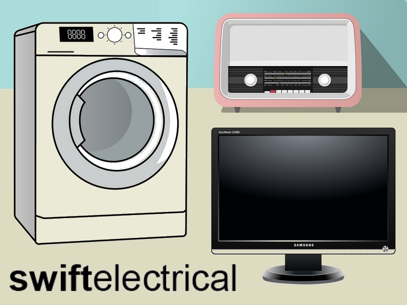 graphics images of a washing machine, a radio, and a television with writing saying Swift electrical