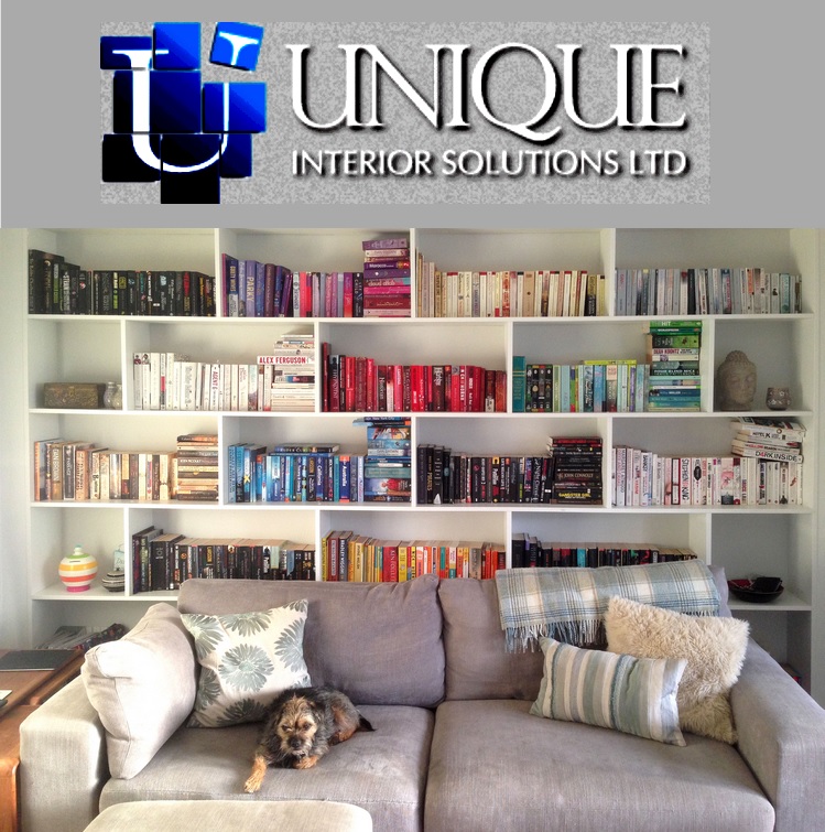 a sofa in front of a large bookcase with a dog sitting on it