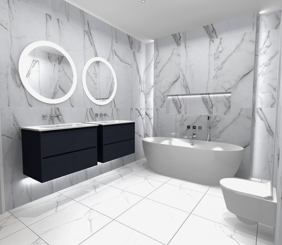 a bathroom with two basins a modern bath and a toilet, all in white, black, and grey. Bathrooms in Northampton.