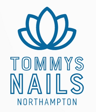 logo, blue writing on white background saying Tommys nails, Wellingborough road Northampton