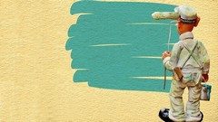 cartoon of a man roller painting a wall in blue paint