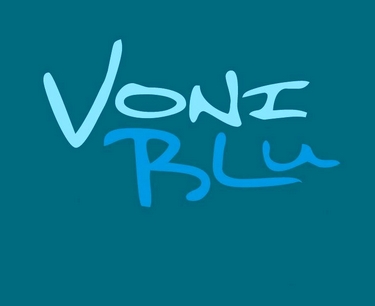 Logo saying Voni Blu on a blue background